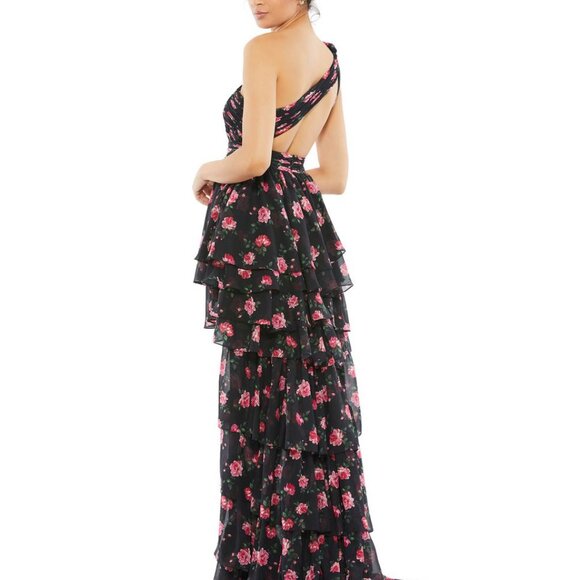 NWT Mac Duggal 70246 One Shoulder Ruffled Rose Floral High Low Gown Black - Picture 3 of 10